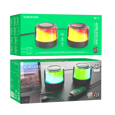 Колонки Borofone BP12, 10Вт, LED-подсветка, AUX/USB/BT, черный