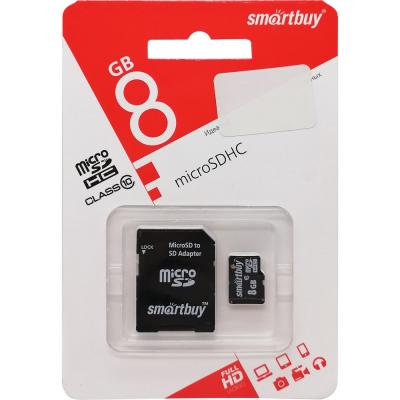 microSDHC Smartbuy 8GB Class 10 + адаптер SD