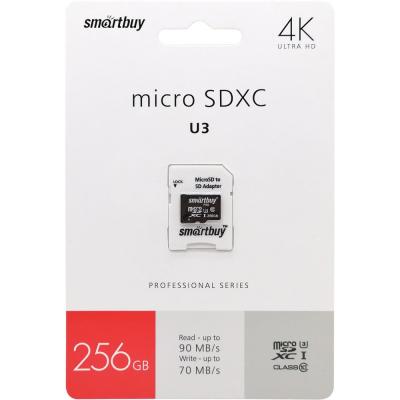 microSDXC Smartbuy 256GB Class 10 PRO U3 R/W:90/70 MB/s + адаптер SD