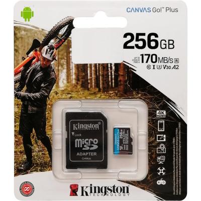 microSDXC Kingston 256GB Class 10 Canvas go Plus UHS-I U3 V30 A2 170/70 MBs + адаптер, SDCG3/256GB