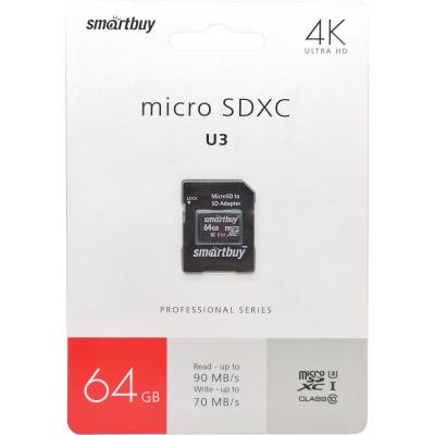 microSDXC Smartbuy 64GB Class 10 UHS-I(U3) R/W:90/70 MB/s + адаптер SD