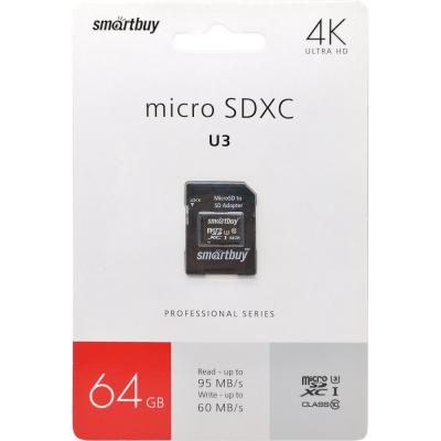 microSDXC Smartbuy 64GB Class 10 PRO U3 95/60 MB/s + адаптер SD (SB64GBSDCL10U3L-01)