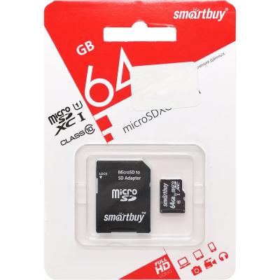 microSDXC Smartbuy 64GB Class 10 UHS-I + адаптер SD (SB64GBSDCL10-01)